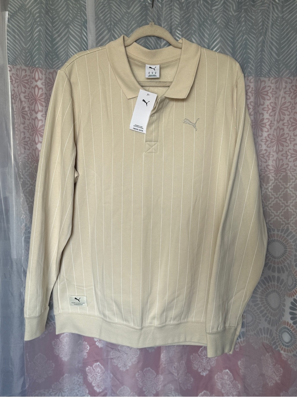 Puma Men’s XL Long-Sleeve Polo Sweatshirt - Beige Pinstripe